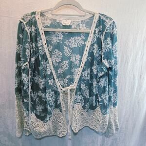 Vintage Ember Sz Med Boho Crochet Mesh Floral Tie Front Cropped Blouse